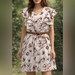 Nichii Elegant Floral Midi Dress with Ruffle Sleeves